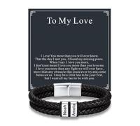 Custom4U Personalized Braided Leather Bracelet for Men, Custom Name Bracelets with 5 Names s Engraved Stainless Steel Beads Jewellery Gifts for Him Husband Dad Father To My Love