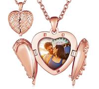 Custom4U Photo Necklace for Women Customised Birthday Christmas Gifts Pesonalised Angel Wings Heart Locket Rose Gold
