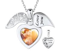 Custom4U Silver Heart Locket Photo Necklace, Love You Locket with Flower Pattern, Personalised Jewellery Gifts for Christmas (with Gift Box)