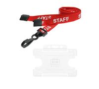 Customcard Ltd Staff Lanyard Red and Single-Sided Clear ID Holder - Single Safety Break & Plastic Clip -Ideal for School, Office, Events- Secure Lanyard Staff Badge Holder with Card Slot (Pack of 1)