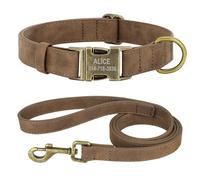 Customisable Anti-Loss Adjustable Leather Dog Collar Lead Set For Labrador Retrievers Schnauzers Shiba Inus Bulldogs,Coffee Set,M