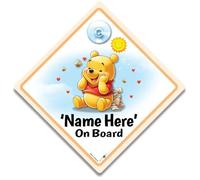 Customisable Baby On Board Car Sign with Winnie The Pooh Design, 14 cm x 14 cm, Suction Cup Mount