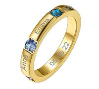 Customise Birthstone Rings with 3 Names, Dainty Small Gold Band Stackable Ring Stainless Steel, Personalized Rings for BFF Best Friends Family