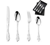 Customise Vintage Luxury Flatware Set, Customized Engraved Name Dates 4pcs Personalised Adult Cutlery Set, Fork, Knife, Spoon and Teaspoon, Custom Cutlery for Gifts (Style 4)