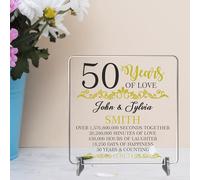 Customised 50th Anniversary Acrylic or MDF Plaque - "50 Years of Love" Personalised Keepsake with Names and Golden Design - Unique Gift for Golden Wedding Anniversary (Acrylic Indoor & Outdoor Use)