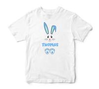 Customised Blue Easter Bunny Boys T Shirt Kids Personalised Rabbit Tee Egg Hunt Top, 1-2 Years, White