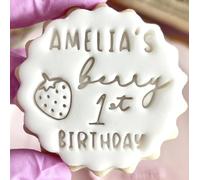 Customised Fondant Stamp Embosser, fits M&S Butter Biscuits Cookies Custom Personalised to Any Name Age Happy Birthday Berry 1st First Cute Strawberry Marks and Spencers with Free Cutter