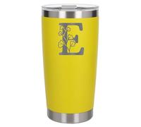 Customised Gifts 500ml Engraved Floral Initial Monogram Insulated Personalised Yellow Travel Mug for Men and Women - Personalised Initial Coffee Travel Mug for Hot and Cold Beverages, Letter E