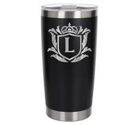 Customised Gifts 500ml Engraved Shield Initial Monogram Insulated Personalised Black Travel Mug for Men and Women - Personalised Initial Coffee Travel Mug for Hot and Cold Beverages, Letter L
