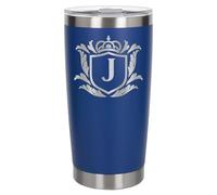 Customised Gifts 500ml Engraved Shield Initial Monogram Insulated Personalised Dark Blue Travel Mug for Men and Women - Personalised Initial Coffee Travel Mug for Hot and Cold Beverages, Letter J