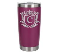 Customised Gifts 500ml Engraved Shield Initial Monogram Insulated Personalised Dark Pink Travel Mug for Men and Women - Personalised Initial Coffee Travel Mug for Hot and Cold Beverages, Letter C