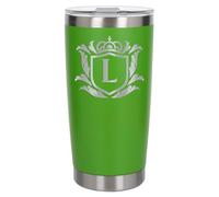 Customised Gifts 500ml Engraved Shield Initial Monogram Insulated Personalised Green Travel Mug for Men and Women - Personalised Initial Coffee Travel Mug for Hot and Cold Beverages, Letter L