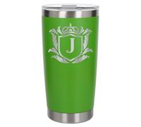 Customised Gifts 500ml Engraved Shield Initial Monogram Insulated Personalised Green Travel Mug for Men and Women - Personalised Initial Coffee Travel Mug for Hot and Cold Beverages, Letter J