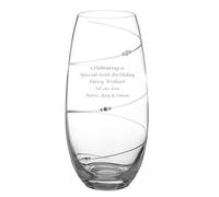Customised Glass Vase, 25cm Tall, Barrel Shape, Single Spiral Cut Design, Hand-finished With 3 Clusters of Diamante Crystals, Engraved Custom Text, Gift Boxed