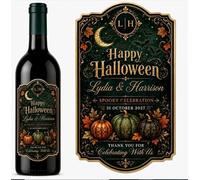 Customised Halloween Bottle Label Sticker Green Gold Pumpkin Wine Gift
