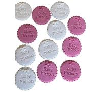 Customised/Personalised 12 SS Luxury Sugar Cookies/Biscuits Branded Party favours/Gifts. With Scalopped Edges & Bow Decorations; Baby Shower, Christening, Naming; 6.5cm W X 1cm H Each