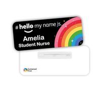 Customised Print Hello My Name is Badge Black Corner Rainbow Design Student Doctor Midwife NHS GP Healthcare Assistant Nurse Practitioner Clinical Medical 76 x 32 mm