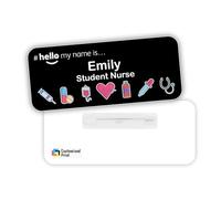 Customised Print Hello My Name is Badge Black Medical Icons Logo 76 x 32 mm Doctor Student Doctor GP Healthcare Assistant Nurse Practitioner Clinical Medical