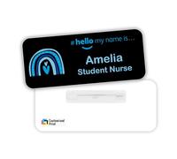 Customised Print Hello My Name is Badge Black with Blue Boho Rainbow Logo 76 x 32 mm Doctor Student Doctor GP Healthcare Assistant Nurse Practitioner Clinical Medical