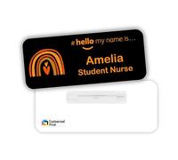 Customised Print Hello My Name is Badge Black with Orange Boho Rainbow Logo 76 x 32 mm Doctor Student Doctor GP Healthcare Assistant Nurse Practitioner Clinical Medical