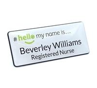 Customised Print Hello My Name is Badge Green Logo, with Resin Domed Coating, White/Black Text 76 x 32 mm Doctor Student Doctor GP Healthcare Assistant Nurse Practitioner Clinical Medical