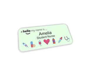 Customised Print Hello My Name is Badge Green Medical Icons Design 76 x 32 mm Student Doctor GP Healthcare Assistant Nurse Practitioner Clinical Medical