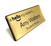 Customised Print Hello My Name is Badge, With Resin Domed Coating, Gold With Black Text 76 x 32 mm Doctor Student Doctor GP Healthcare Assistant Nurse Practitioner Clinical Medical