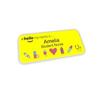 Customised Print Hello My Name is Badge Yellow Medical Icons Design 76 x 32 mm Student Doctor GP Healthcare Assistant Nurse Practitioner Clinical Medical