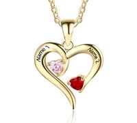 Customised Sterling Silver Gold Love Heart Necklace for Women Cusume Jewellery- Pendant for Mum Grandma BFF Name Necklace Chain Personalised Gifts - 2 Simulated Birthstone 2 Engraved Names