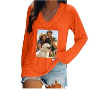 Customised T Shirt V Neck Women Long Sleeve Tops Personalized Image Text for Your Wedding with Printing Custom Design Your Own Personalised T Shirts Orange