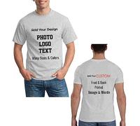 Customised T Shirts Design Your Own Logo/Photo/Text, Personalised Men's Tee Shirt Front and Back, Custom Grey Shirt Gifts for Dad Son Boyfriends, 4XL