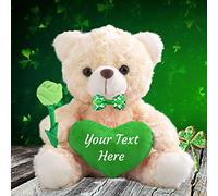 Customised Teddy Bear with Heart Stuffed Animal with Rose & Bow as St Patrick's Day Gifts for Her/ Him, Teddy Bear with Name or Text on St. Patrick's Day/ Valentines Day/ Birthday (8 IN-Green Heart)