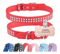 Customizable Black Studded Dog Collar with Bone Name Tag, Anti-Break Pet Collar with Metal Buckle for Small Medium Large Dogs (Red,M)