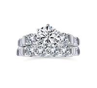 Customizable Classic Cathedral 6 Prong Baguette Side Stones Cubic Zirconia AAA CZ Round Solitaire Anniversary Engagement Wedding Band Ring Set for Women .925 Sterling Silver 1/2 Eternity Band
