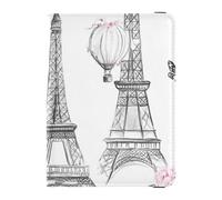 Customizable Eiffel Tower Hand-painted Flowers Hot Air Balloon Leather Passport and Vaccine Card Holder Combo Vaccine Card Holder Cover Combo Passport Cover with RFID Blocking Lightweight, Eiffel