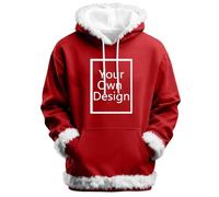 Customizable Men's Christmas Photo Hoodie with Pockets - Long Sleeve Print Pullover, Red Plush-Lined with White Fur Trim, Personalized with Photo Upload Option, S-XXL for Holiday and Everyday Wear