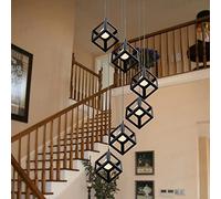 Customizable Minimalist Staircase Long Chandelier Black Stair Light Duplex Hollow Living Room Loft Ceiling Lamp Retro Creative Hotel Villa Stairwell High Ceiling Pendant Light(Size:6 lights)