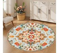 Customizable Round Rugs 160 cm Floral Design in Blue Red Yellow & Green Short Pile Carpet for Living Room Bedroom & Dining RoomModern Contemporary Style