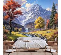 Customizable Size Wall Murals,Cascading Waterfall Autumn Valley Scenic View with Snow-Capped Mountains,Self - Adhesive Wall Fabric Wallpaper for Living Room