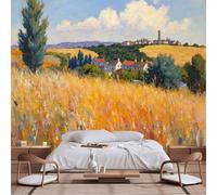 Customizable Size Wall Murals,Impressionist Countryside - New Wildflower Meadow Red Roof Village Church Tower Blue Sky,Self - Adhesive Wall Fabric Wallpaper for Living Room