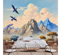 Customizable Size Wall Murals,Majestic Serene Landscape - Rustic Cabin Orange Trees Pink Sky Snowy Peaks Flying Birds,Self - Adhesive Wall Fabric Wallpaper for Living Room