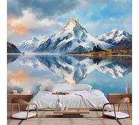 Customizable Size Wall Murals,Majestic Snow-Capped Mountain with Tranquil Lake Reflection and Partly Cloudy Sky,Self - Adhesive Wall Fabric Wallpaper for Living Room