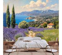 Customizable Size Wall Murals,Provence Coastal Scene - Lavender Fields Cypress Trees Mountains Sea Village Terracotta Roofs,Self - Adhesive Wall Fabric Wallpaper for Living Room