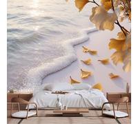 Customizable Size Wall Murals,Serene Coastal Golden Hour Beach - White Sand Gentle Waves Yellow Ginkgo Leaf Art,Self - Adhesive Wall Fabric Wallpaper for Living Room