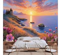 Customizable Size Wall Murals,Serene Sunset Coastal View - Pink Wildflowers Blue Ocean Distant Snowy Mountains Path,Self - Adhesive Wall Fabric Wallpaper for Living Room