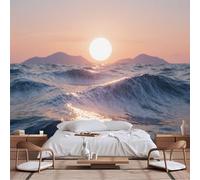 Customizable Size Wall Murals,Serene Sunset Seascape - Ocean Waves Distant Mountains Silhouette Pastel Sky Light,Self - Adhesive Wall Fabric Wallpaper for Living Room