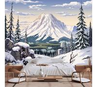 Customizable Size Wall Murals,Snowy Mountain Landscape with ICY Slopes and Frozen Lake Under Cloudy Sky,Self - Adhesive Wall Fabric Wallpaper for Living Room