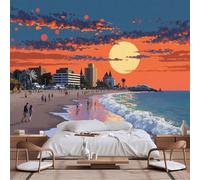Customizable Size Wall Murals,Sunset Beach Landscape Golden Sky - Ocean Waves Green Palms European Luxury Residences,Self - Adhesive Wall Fabric Wallpaper for Living Room