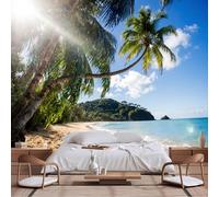 Customizable Size Wall Murals,Tropical Coastal Landscape - Palm Trees Golden Sand Blue Ocean Water Scenic Seaside,Self - Adhesive Wall Fabric Wallpaper for Living Room