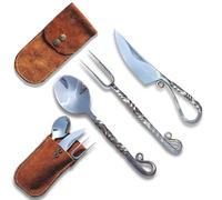 Customize Viking 3 Piece Medieval Cutlery Set, Hand Forged Banquet Set, Braided Pattern Eating Utensils, Carbon Steel Cutlery with Leather Bag